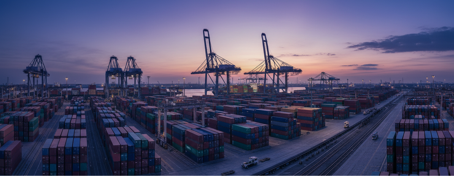 Container terminal at dusk with gantry cranes